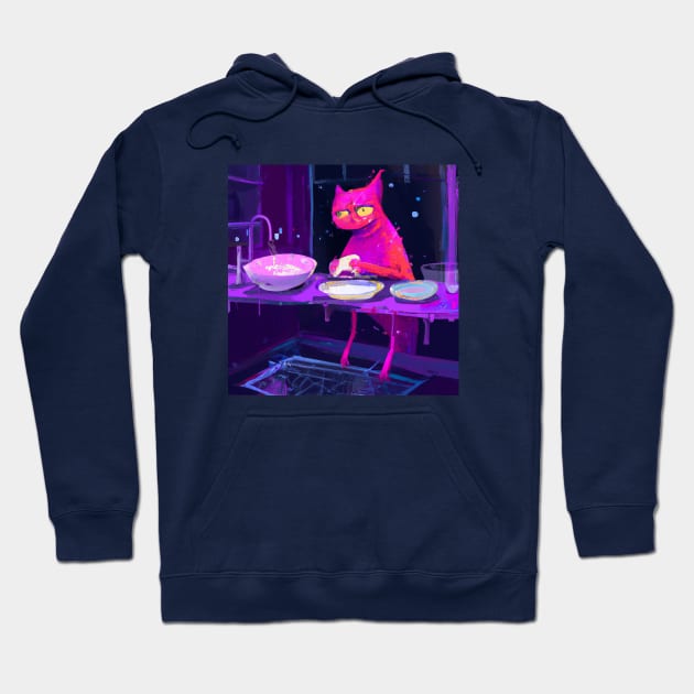 Pink Cat Creature Washes Dishes After a Long Night Hoodie by Star Scrunch